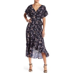 MAX STUDIO Ruffle Crepe High/Low Wrap Midi Dress